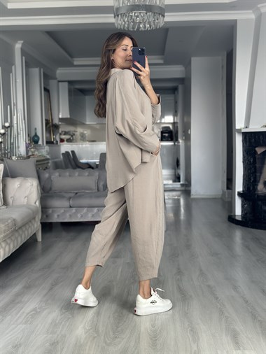 Vizon Truvakar Kol Gömlek Balon Pantolon Kadın İkili Takım