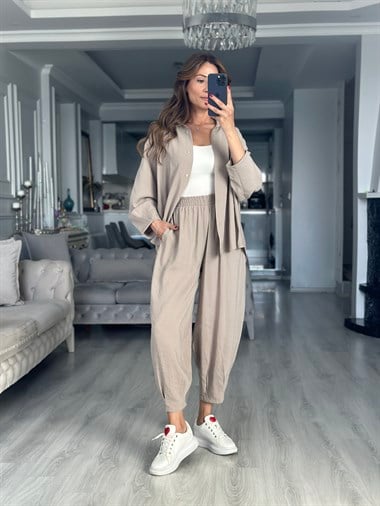 Vizon Truvakar Kol Gömlek Balon Pantolon Kadın İkili Takım