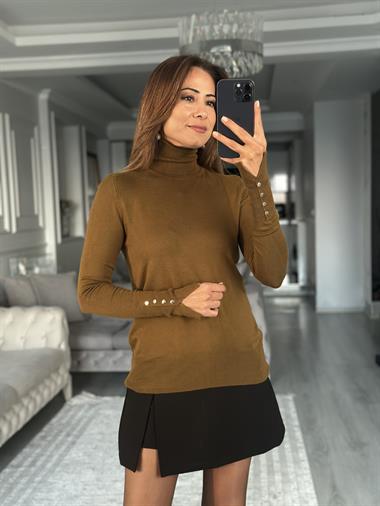 Yağ Yeşili Balıkçı Yaka Kolu Droplu Kadın Triko Kazak