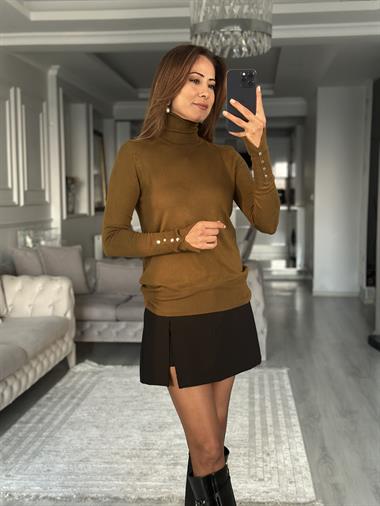 Yağ Yeşili Balıkçı Yaka Kolu Droplu Kadın Triko Kazak