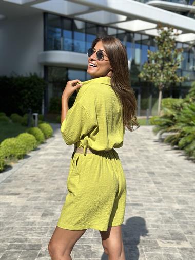 Yağ Yeşili Belinda Keten Düğmeli Hasır Kemerli Kadın Şort Tulum