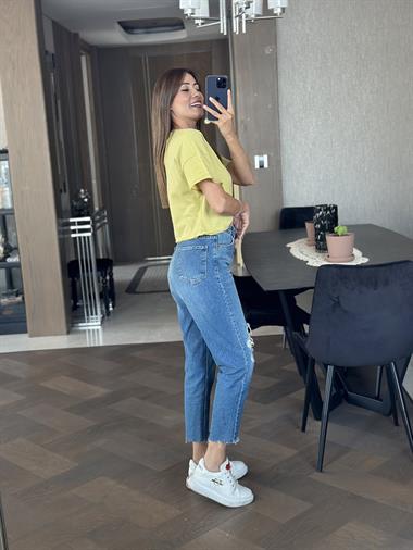 Yağ Yeşili Bisiklet Yaka Kısa Kol Penye Crop Kadın T-Shirt