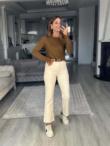 Yağ Yeşili Bisiklet Yaka Kol Ucu Düğme Detay Kadın Triko Kazak