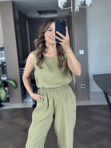 Yağ Yeşili Bisiklet Yaka Sıfır Kol Bluz Pantolon Tnsl Alt Üst Takım