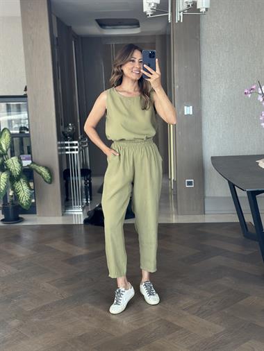 Yağ Yeşili Bisiklet Yaka Sıfır Kol Bluz Pantolon Tnsl Alt Üst Takım