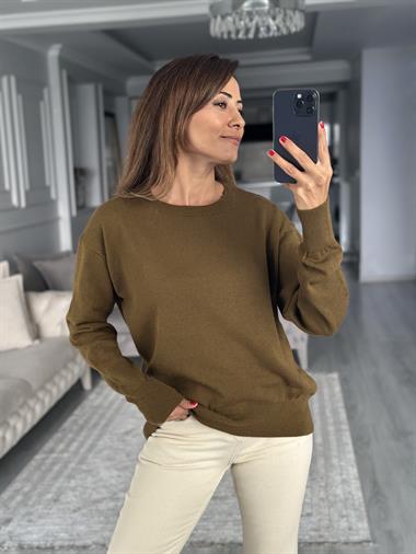 Yağ Yeşili Bisiklet Yaka Yünlü Basic Kadın Triko Kazak