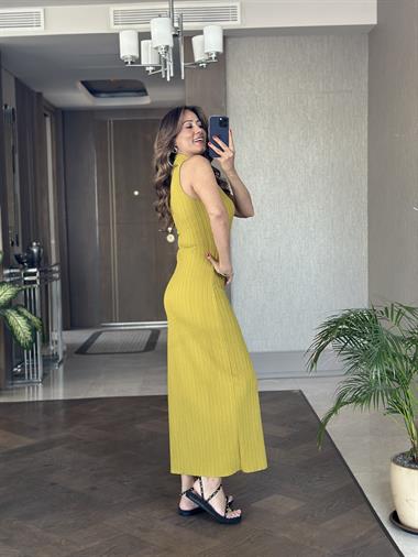 Yağ Yeşili Dik Yaka Salsa Triko Kadın Maksi Boy Elbise