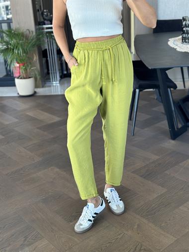 Yağ Yeşili Duble Paça Örgü Kemerli Tnsel Kadın Pantolon