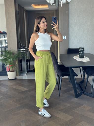 Yağ Yeşili Duble Paça Örgü Kemerli Tnsel Kadın Pantolon