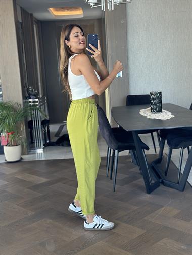 Yağ Yeşili Duble Paça Örgü Kemerli Tnsel Kadın Pantolon