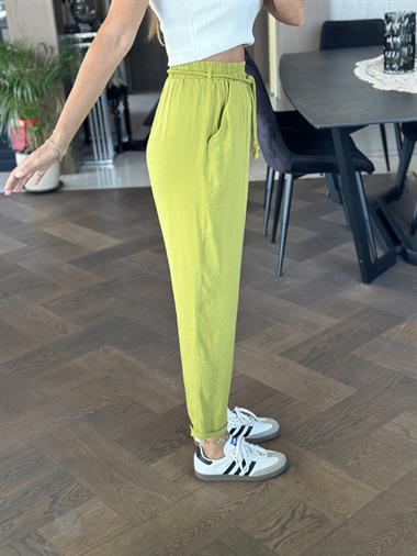 Yağ Yeşili Duble Paça Örgü Kemerli Tnsel Kadın Pantolon
