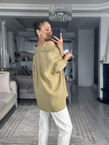 Yağ Yeşili Düşük Omuzlu Oversize Kadın Gömlek