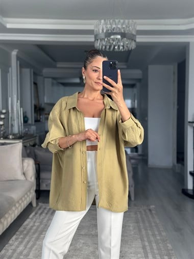 Yağ Yeşili Düşük Omuzlu Oversize Kadın Gömlek