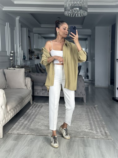 Yağ Yeşili Düşük Omuzlu Oversize Kadın Gömlek