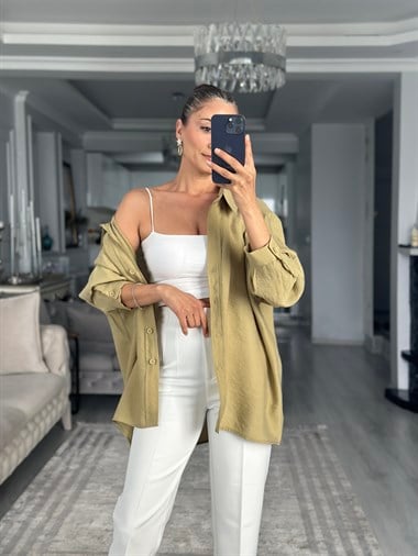 Yağ Yeşili Düşük Omuzlu Oversize Kadın Gömlek
