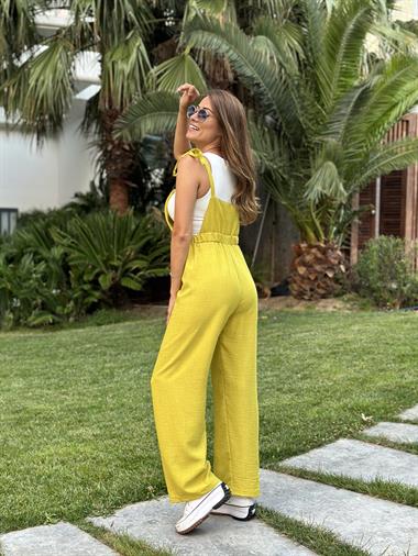 Yağ Yeşili İp Askılı Önü Cepli Tin Tin Keten Aerobin Kadın Salopet