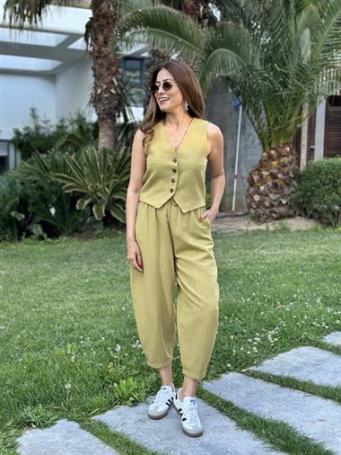 Yağ Yeşili Keten Dört Düğmeli Yelek Balon Pantolon Kadın Alt Üst Takım