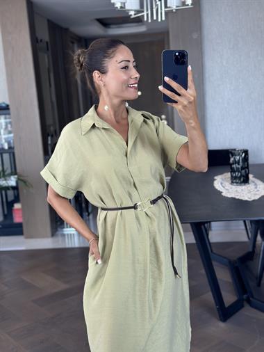 Yağ Yeşili Masimo Gömlek Yaka Çift Yırtmaçlı Midi Boy Tnsel Kadın Gömlek Elbise 