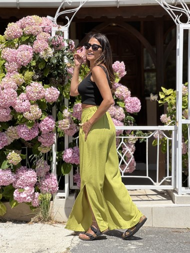 Yağ Yeşili Önü Pensli Yanları Yırtmaçlı Keten Pantolon 