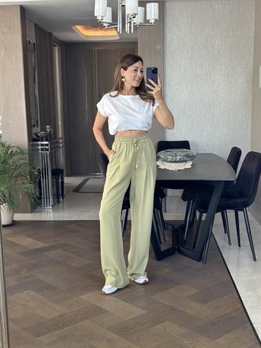 Yağ Yeşili Pensli Beli Bağcıklı Ve Lastikli Keten Kadın Bol Paça Pantolon