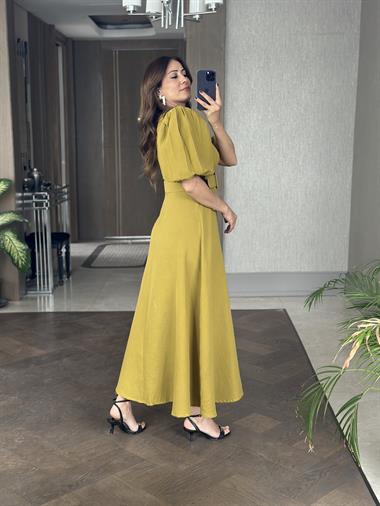 Yağ Yeşili Prenses Kol Vatkalı Kemerli Müslin Kumaş Kadın Maksi Boy Elbise