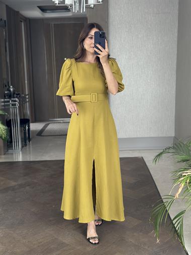 Yağ Yeşili Prenses Kol Vatkalı Kemerli Müslin Kumaş Kadın Maksi Boy Elbise