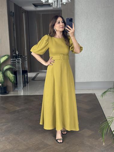 Yağ Yeşili Prenses Kol Vatkalı Kemerli Müslin Kumaş Kadın Maksi Boy Elbise