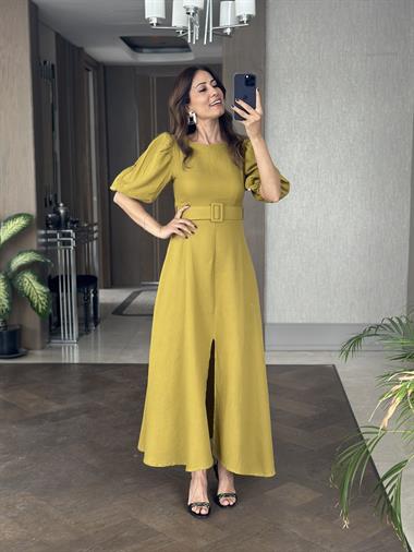 Yağ Yeşili Prenses Kol Vatkalı Kemerli Müslin Kumaş Kadın Maksi Boy Elbise