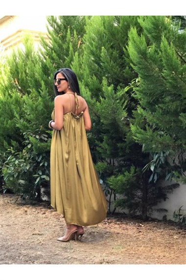 Yağ Yeşili Saten Elbise