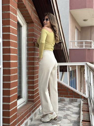 Yağ Yeşili Tek Omuz Biyeli Kaşkorse Kadın Bluz