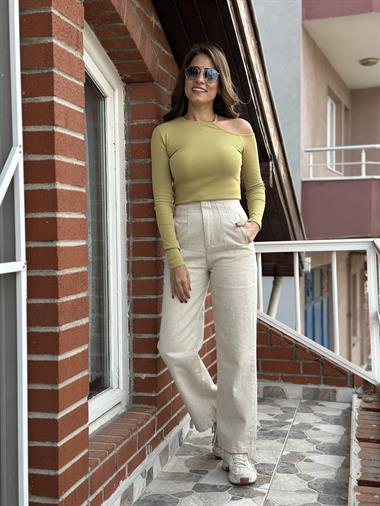 Yağ Yeşili Tek Omuz Biyeli Kaşkorse Kadın Bluz