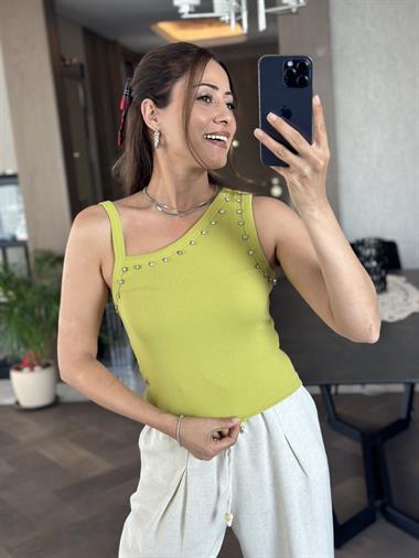 Yağ Yeşili Tek Omzu Kalın Biyeli Önü Taşlı Kadın Body