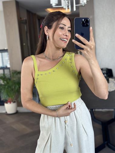 Yağ Yeşili Tek Omzu Kalın Biyeli Önü Taşlı Kadın Body