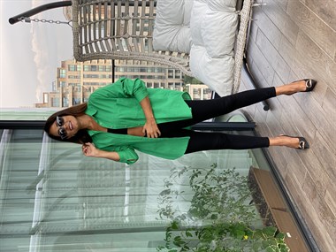 Yeşil Arka Roba Örme Flam Keten Kadın Gömlek