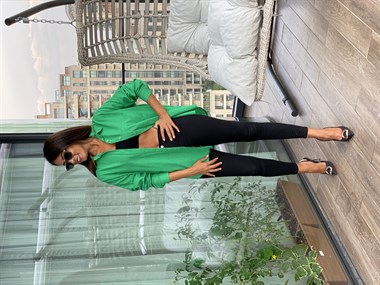 Yeşil Arka Roba Örme Flam Keten Kadın Gömlek