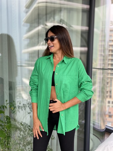 Yeşil Arka Roba Örme Flam Keten Kadın Gömlek