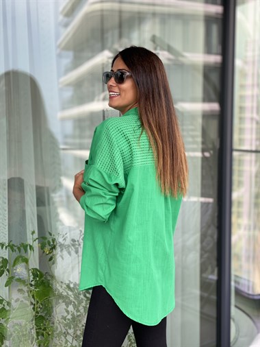 Yeşil Arka Roba Örme Flam Keten Kadın Gömlek