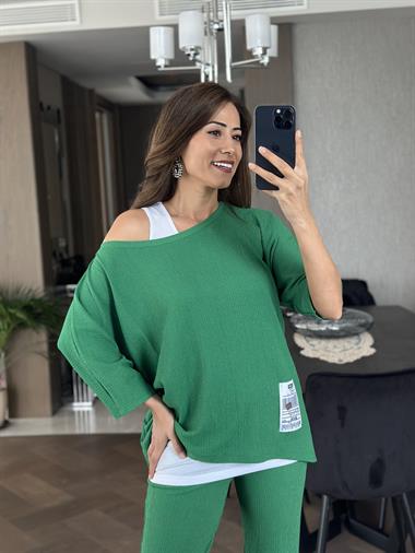 Yeşil Armalı Dar Paça Bürümcük Üçlü Kadın Takım