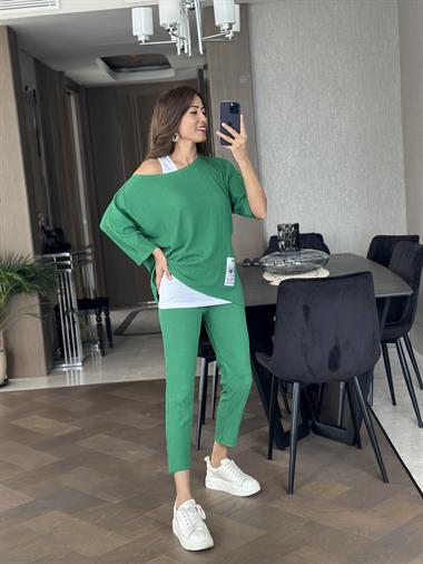 Yeşil Armalı Dar Paça Bürümcük Üçlü Kadın Takım