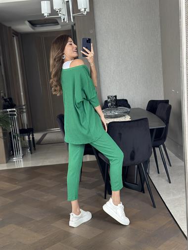 Yeşil Armalı Dar Paça Bürümcük Üçlü Kadın Takım