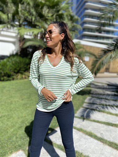 Yeşil Beyaz Çizgili V Yaka Merserize Kadın Bluz