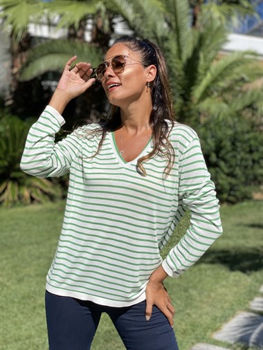 Yeşil Beyaz Çizgili V Yaka Merserize Kadın Bluz