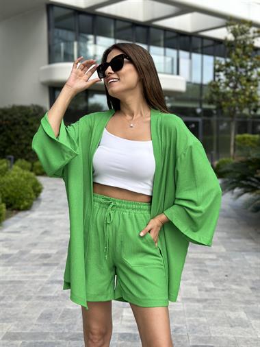 Yeşil Bürümcük Kimono Şortlu Kadın İkili Takım