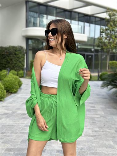 Yeşil Bürümcük Kimono Şortlu Kadın İkili Takım