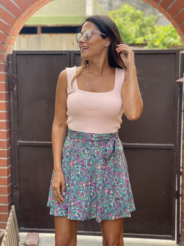 Yeşil Çıtır Desen Şortlu Kadın Etek