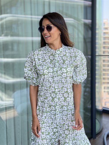 Yeşil Çiçek Desenli  Hakim Yaka Poplin Kadın Elbise