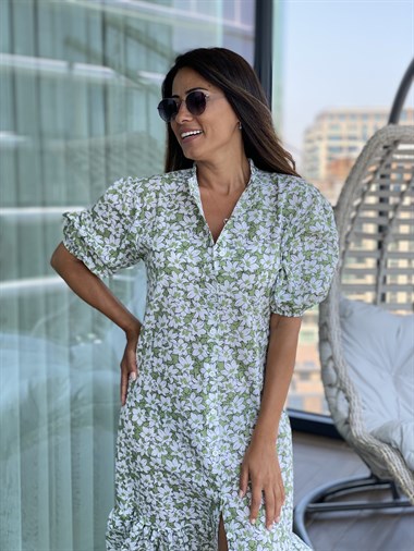 Yeşil Çiçek Desenli  Hakim Yaka Poplin Kadın Elbise