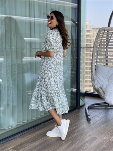 Yeşil Çiçek Desenli  Hakim Yaka Poplin Kadın Elbise