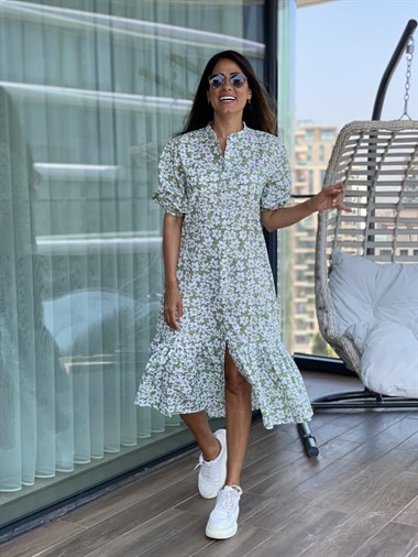 Yeşil Çiçek Desenli  Hakim Yaka Poplin Kadın Elbise