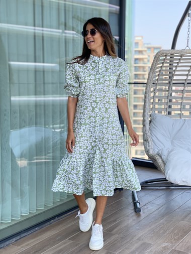 Yeşil Çiçek Desenli  Hakim Yaka Poplin Kadın Elbise